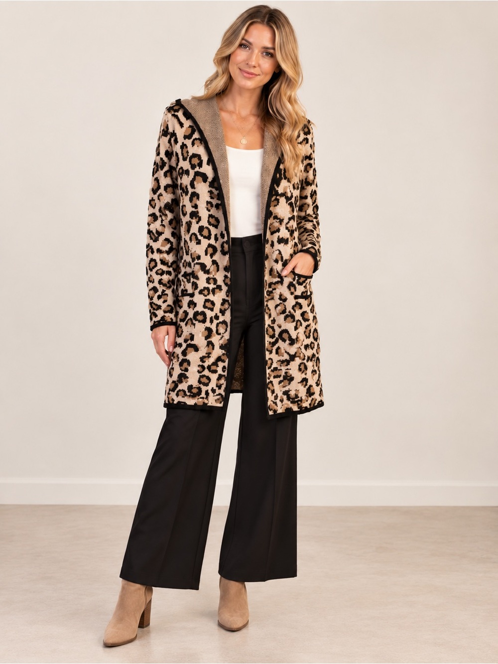 Rachel Zoe Leopard Longline Hooded Cardigan Lagenlook XS NWT